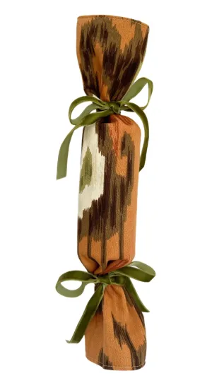 Party Popper/Holiday Cracker - Vintage Burnt Orange Ikat with Olive Green Velvet Bows