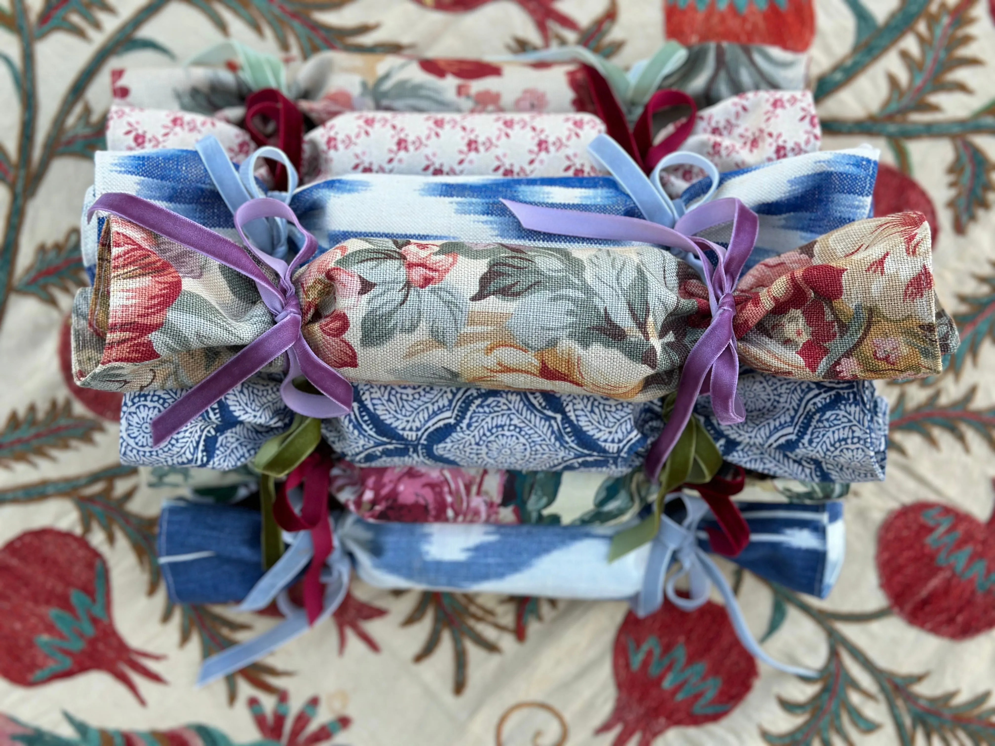 Party Popper/Holiday Cracker - Vintage Burnt Orange Ikat with Olive Green Velvet Bows