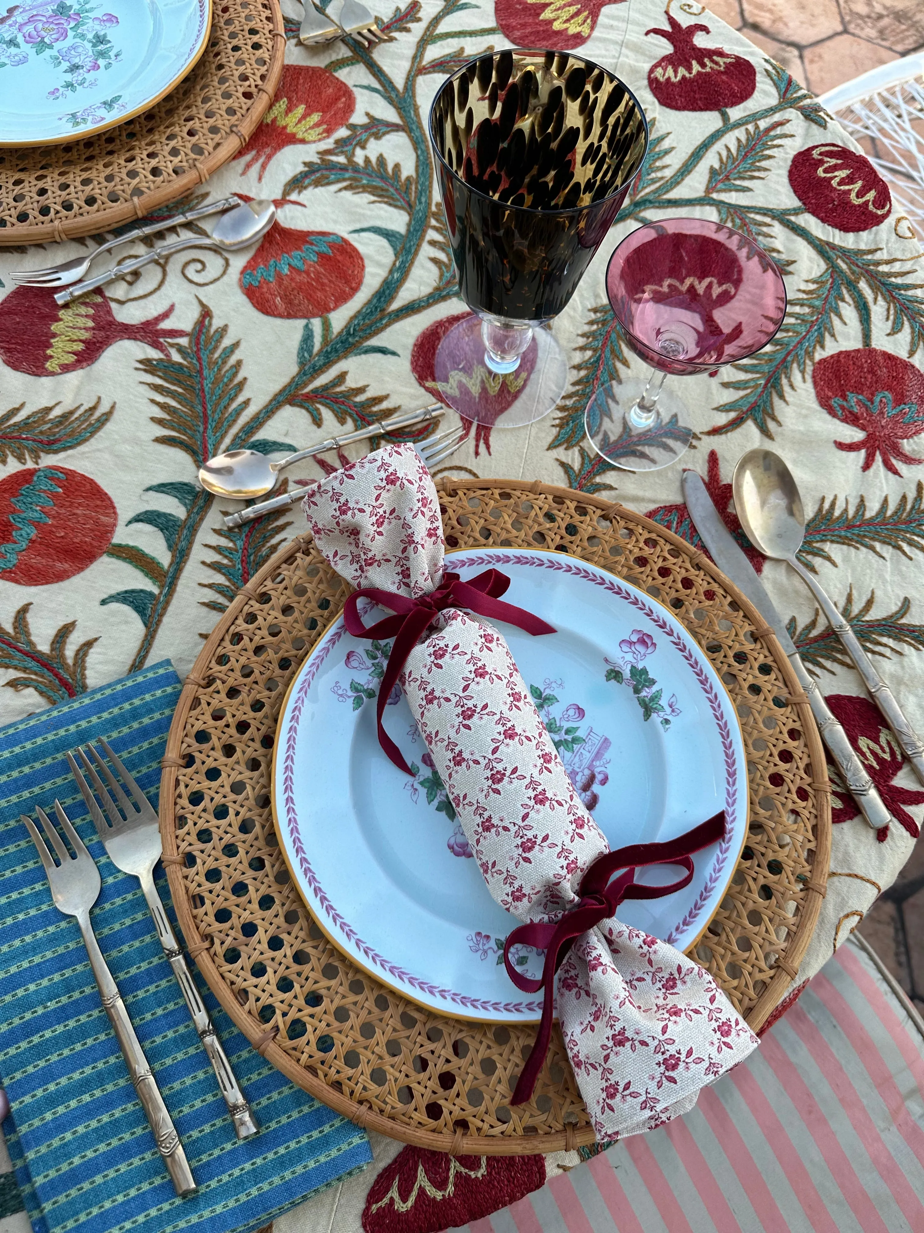 Party Popper/Holiday Cracker - Vintage Climbing Rose Trellis Textile with Merlot Velvet Bows