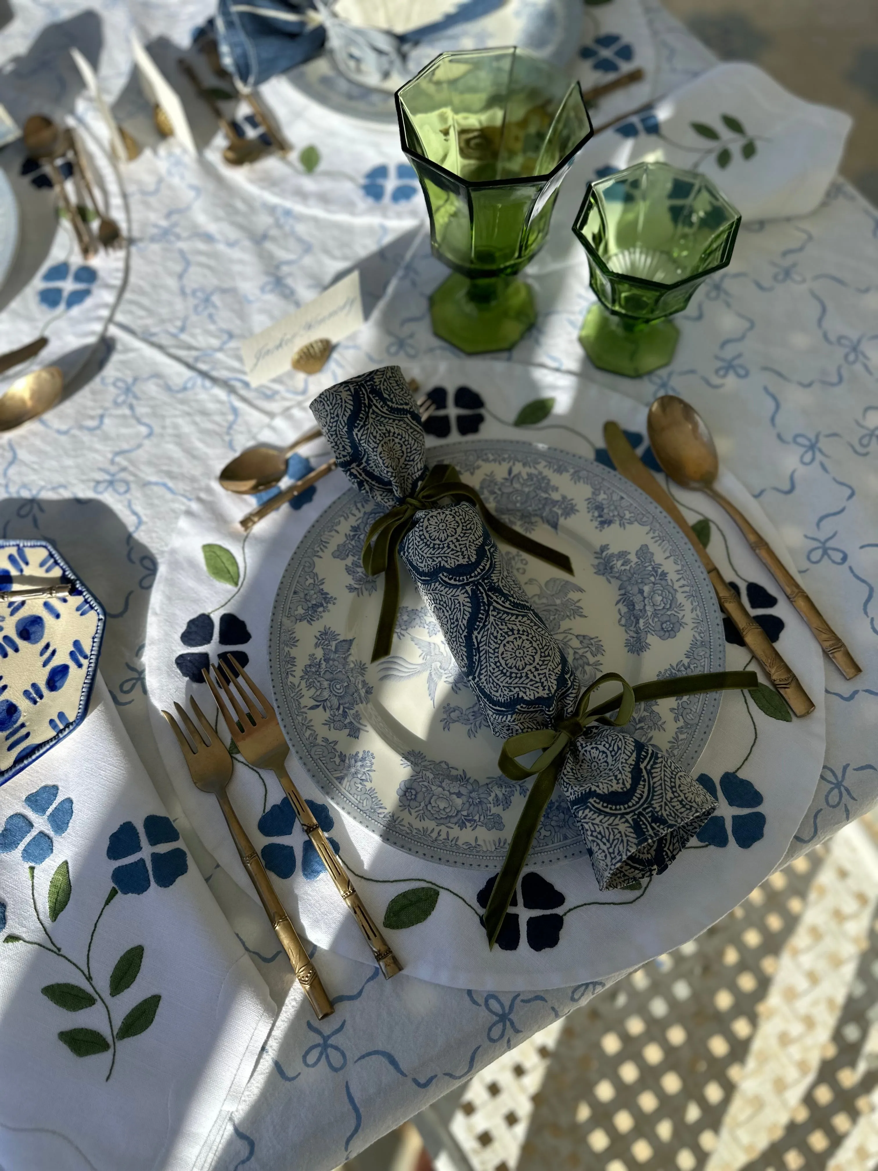 Party Popper/Holiday Cracker - Vintage Jaipur Textile with French Blue Velvet Bows