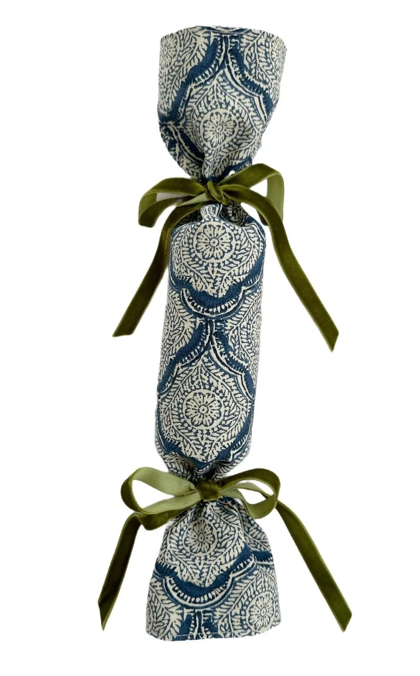 Party Popper/Holiday Cracker - Vintage Jaipur Textile with Olive Green Velvet Bows