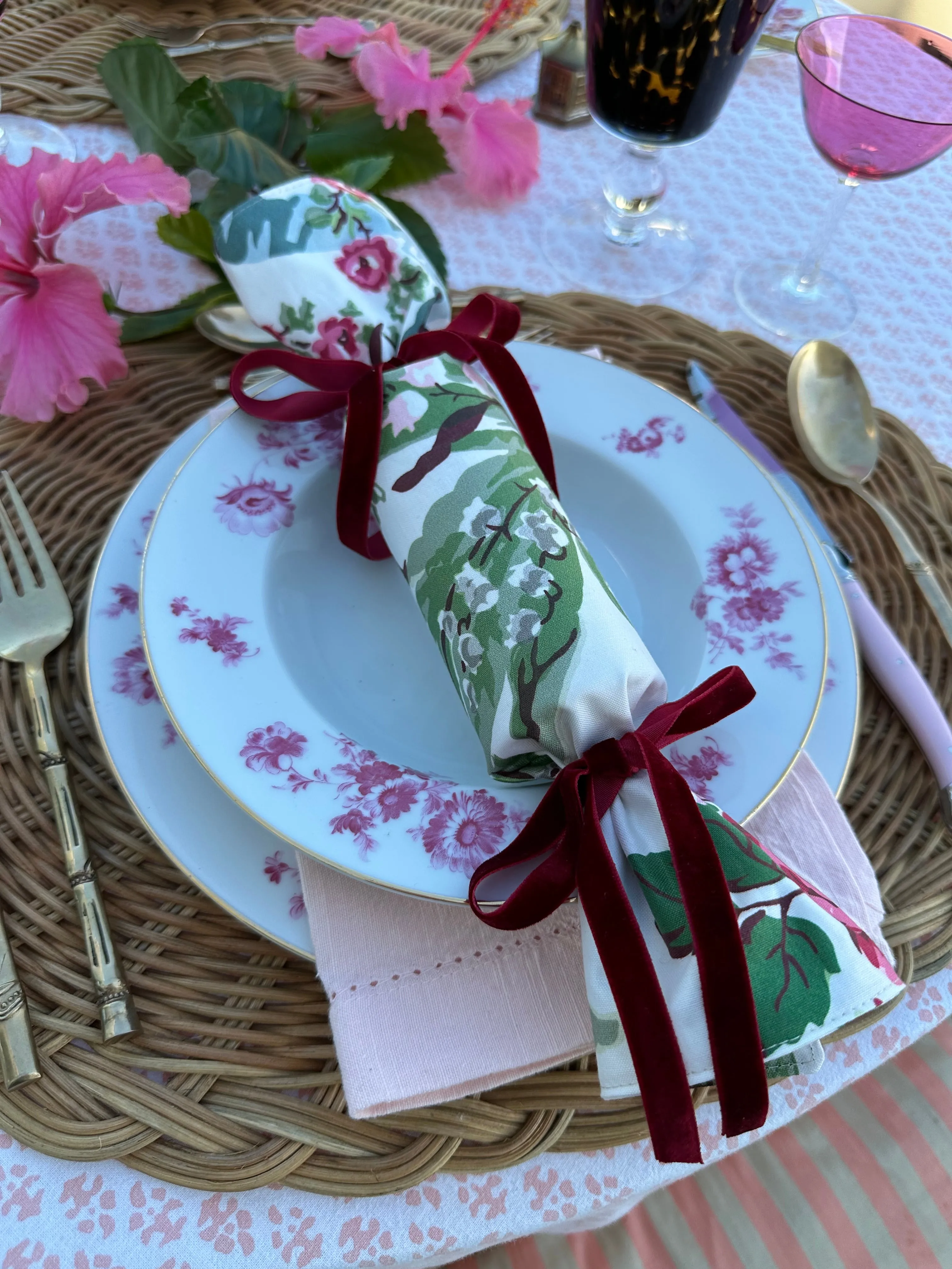 Party Popper/Holiday Cracker - Vintage Lily of the Valley Floral Chintz with Sage Green Velvet Bows