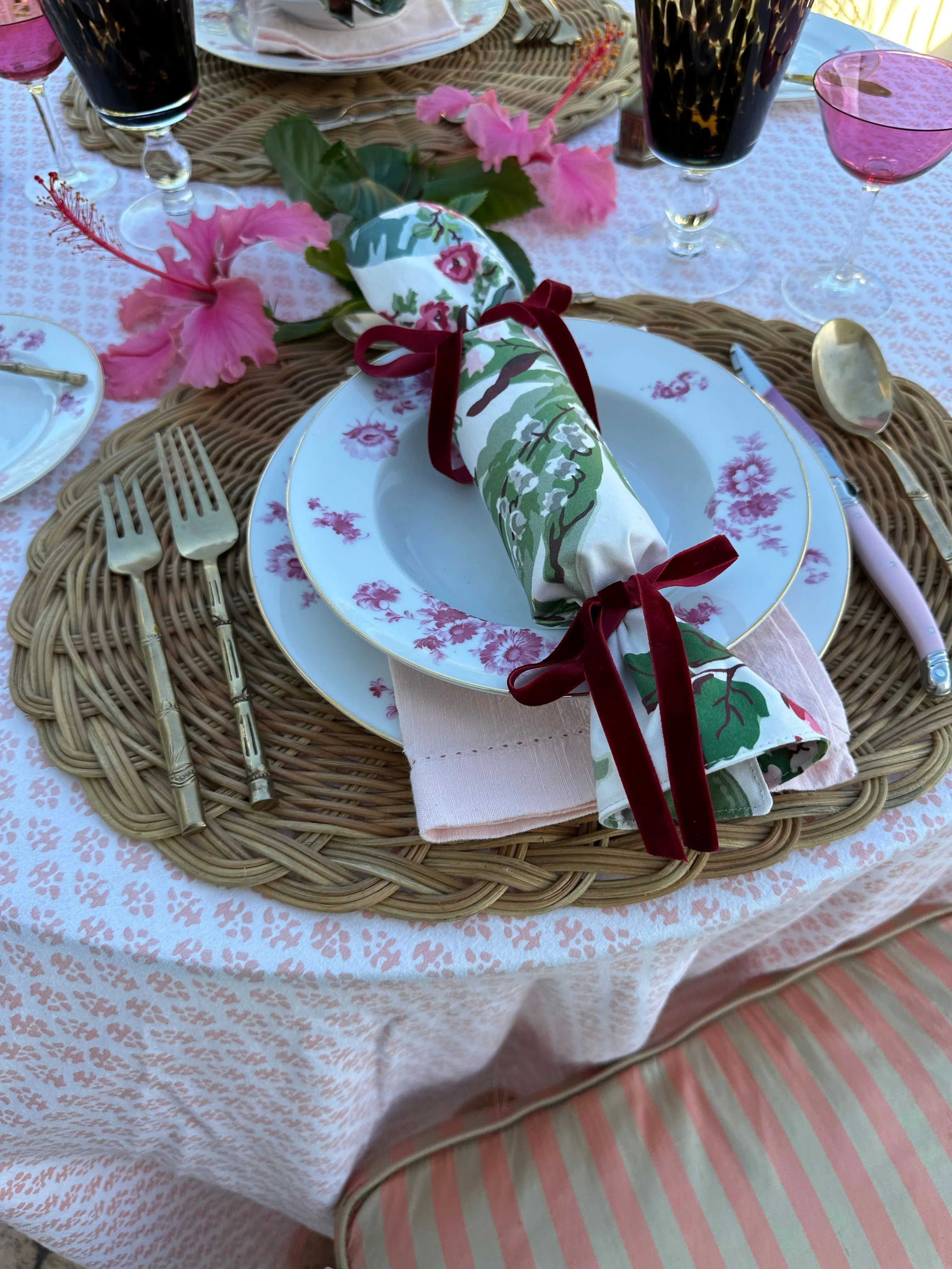 Party Popper/Holiday Cracker - Vintage Lily of the Valley Floral Chintz with Sage Green Velvet Bows