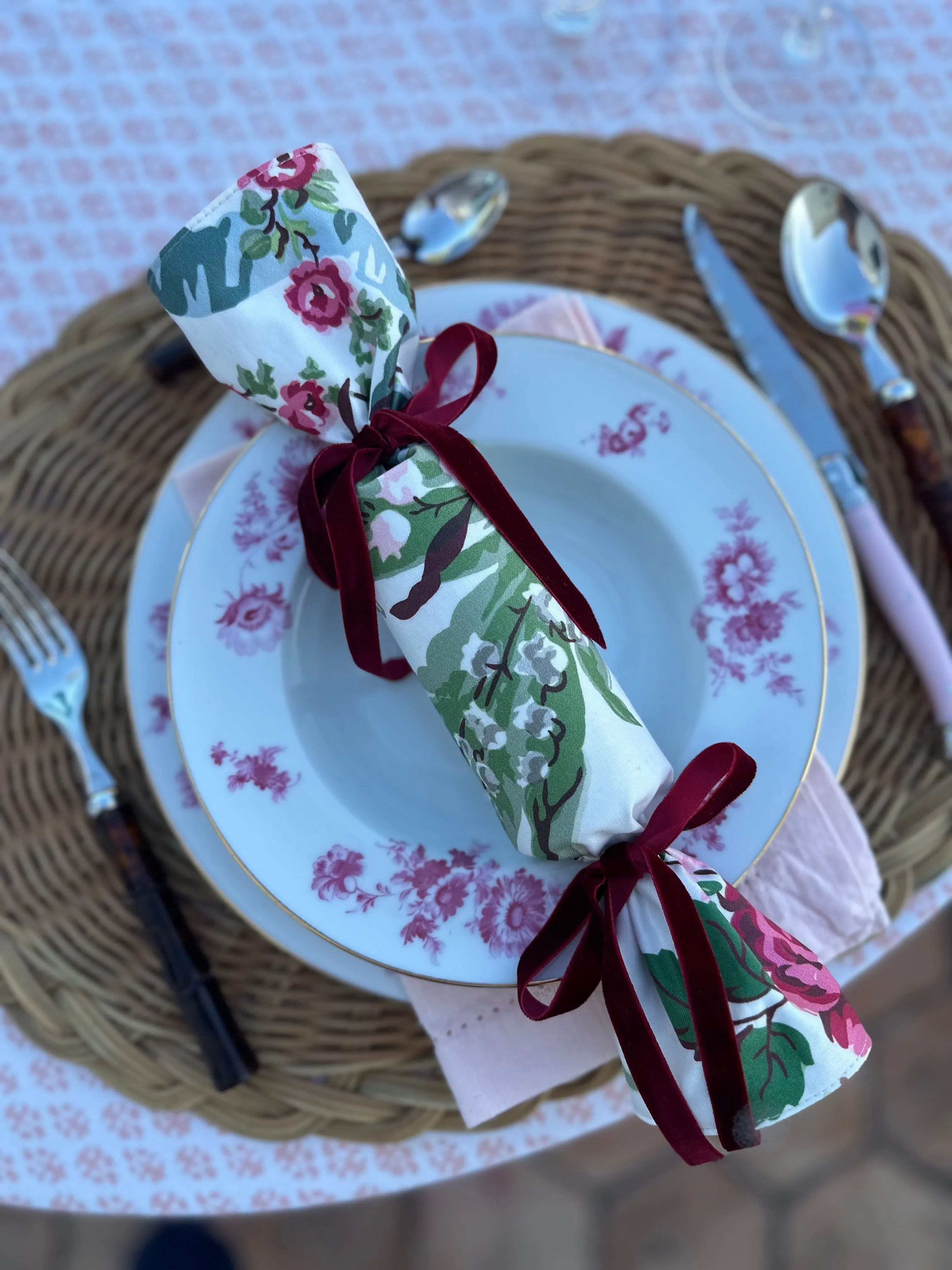 Party Popper/Holiday Cracker - Vintage Lily of the Valley Floral Chintz with Sage Green Velvet Bows