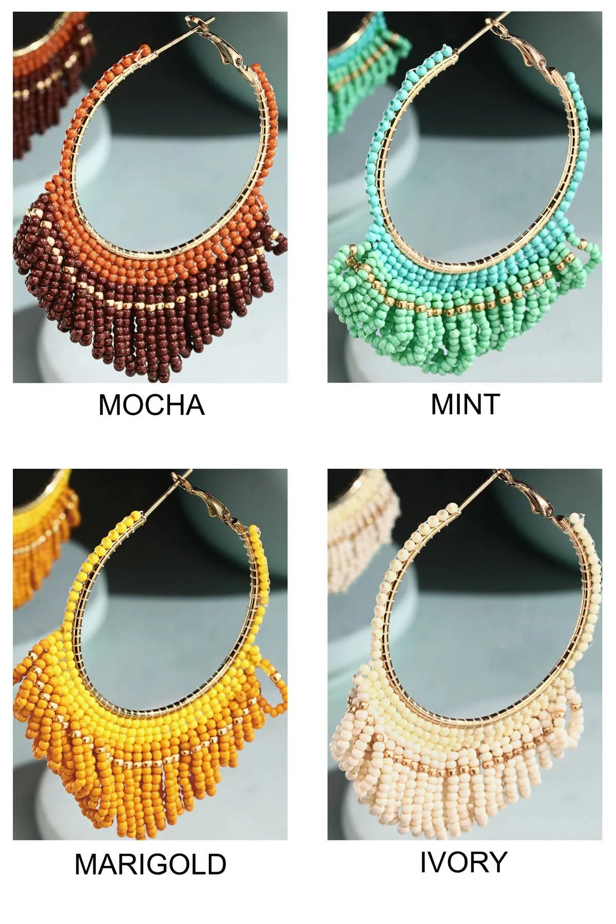 Seed Bead Loop Tassel Hoop Earring : BLACK(GDBLK)